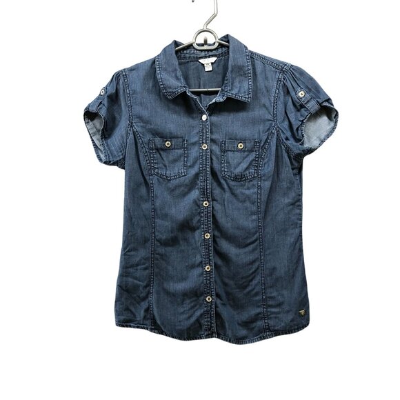 Guess Chambray Utility Shirt Womens M Short Sleeve Button Up Cotton Denim - Picture 1 of 11
